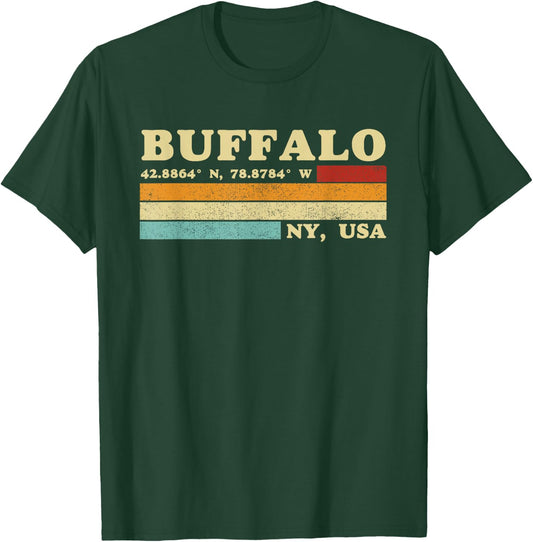 Buffalo New York Retro Longitude Latitude T-Shirt - T-Shirt | Forest