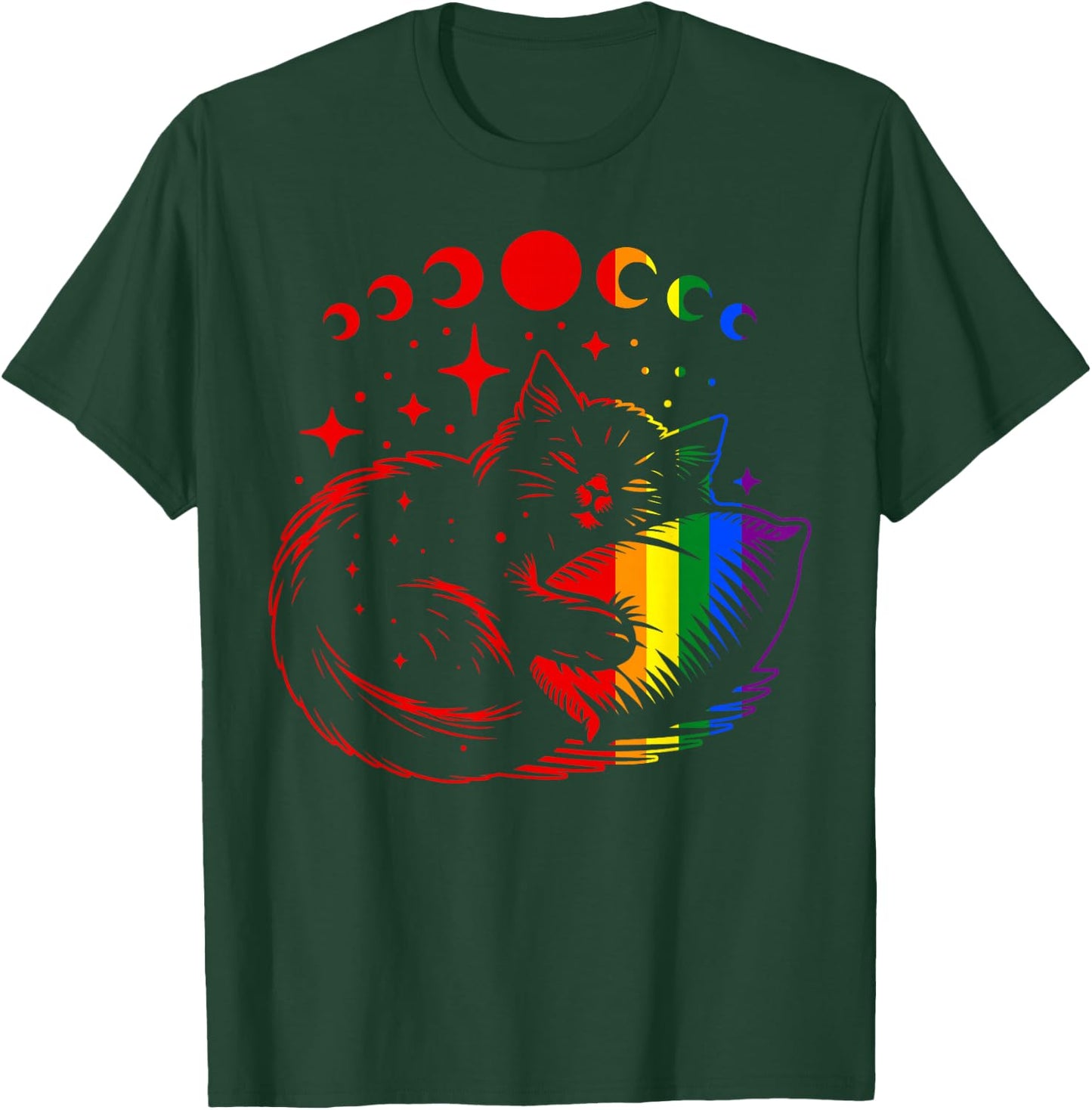 Rainbow Cat Sleeping with Moon Phases and Stars Gay Pride T-Shirt - T-Shirt | Forest