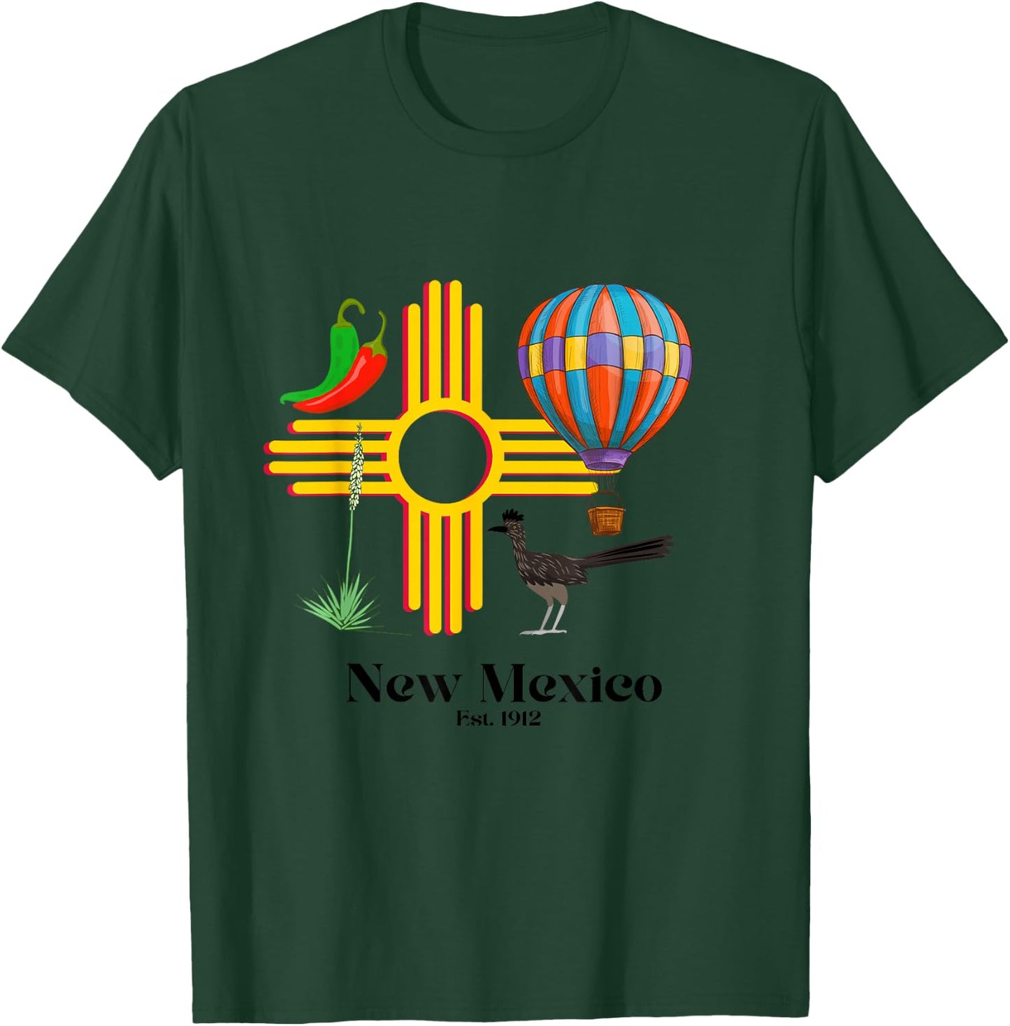 New Mexico Zia: Chiles, Balloon, Roadrunner, Yucca Est. 1912 T-Shirt - T-Shirt | Forest
