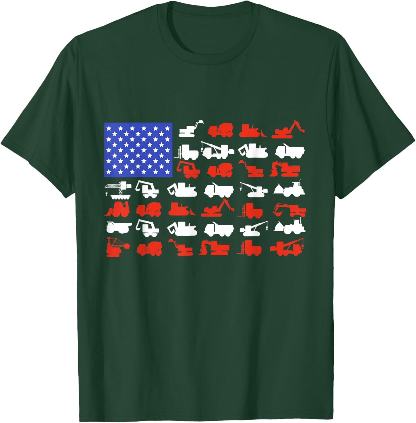 Construction Vehicles USA American Flag Excavator Trucks T-Shirt - T-Shirt | Forest
