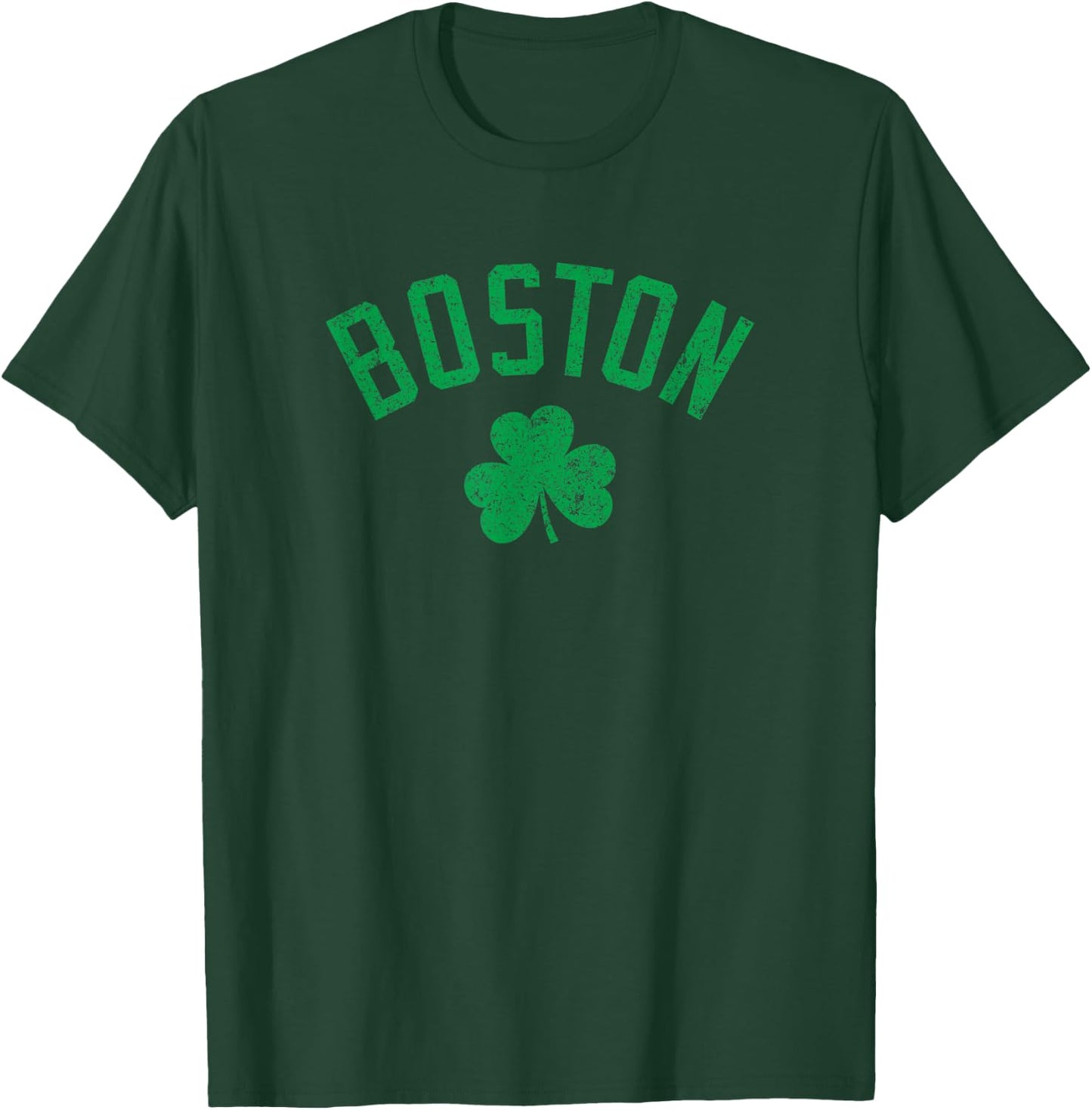 Boston Text Irish Shamrock Distressed Green Print T-Shirt - T-Shirt | Forest