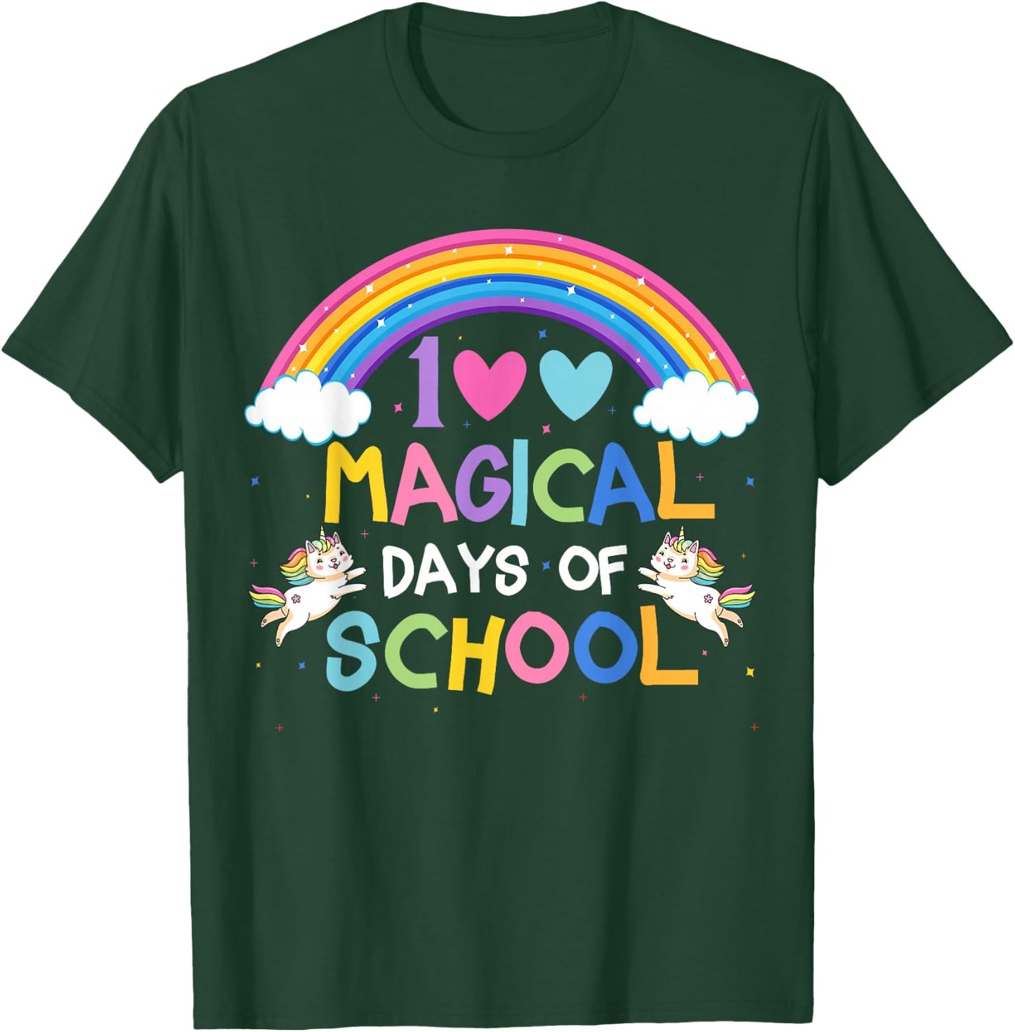 100 Magical Days of School Rainbow Unicorn Cat 100th Day T-Shirt - T-Shirt | Forest