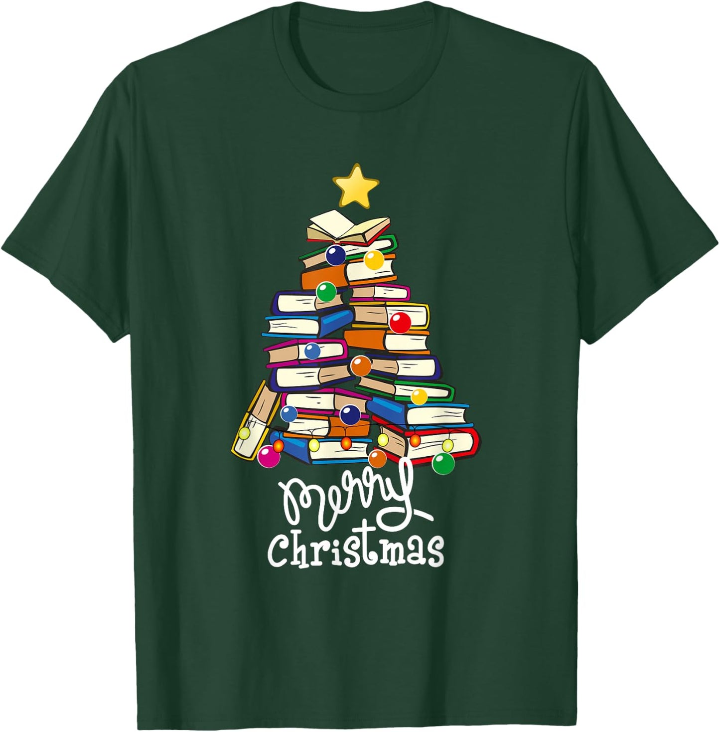 Merry Christmas Tree Love Reading Books Librarian Nerd T-Shirt - T-Shirt | Forest