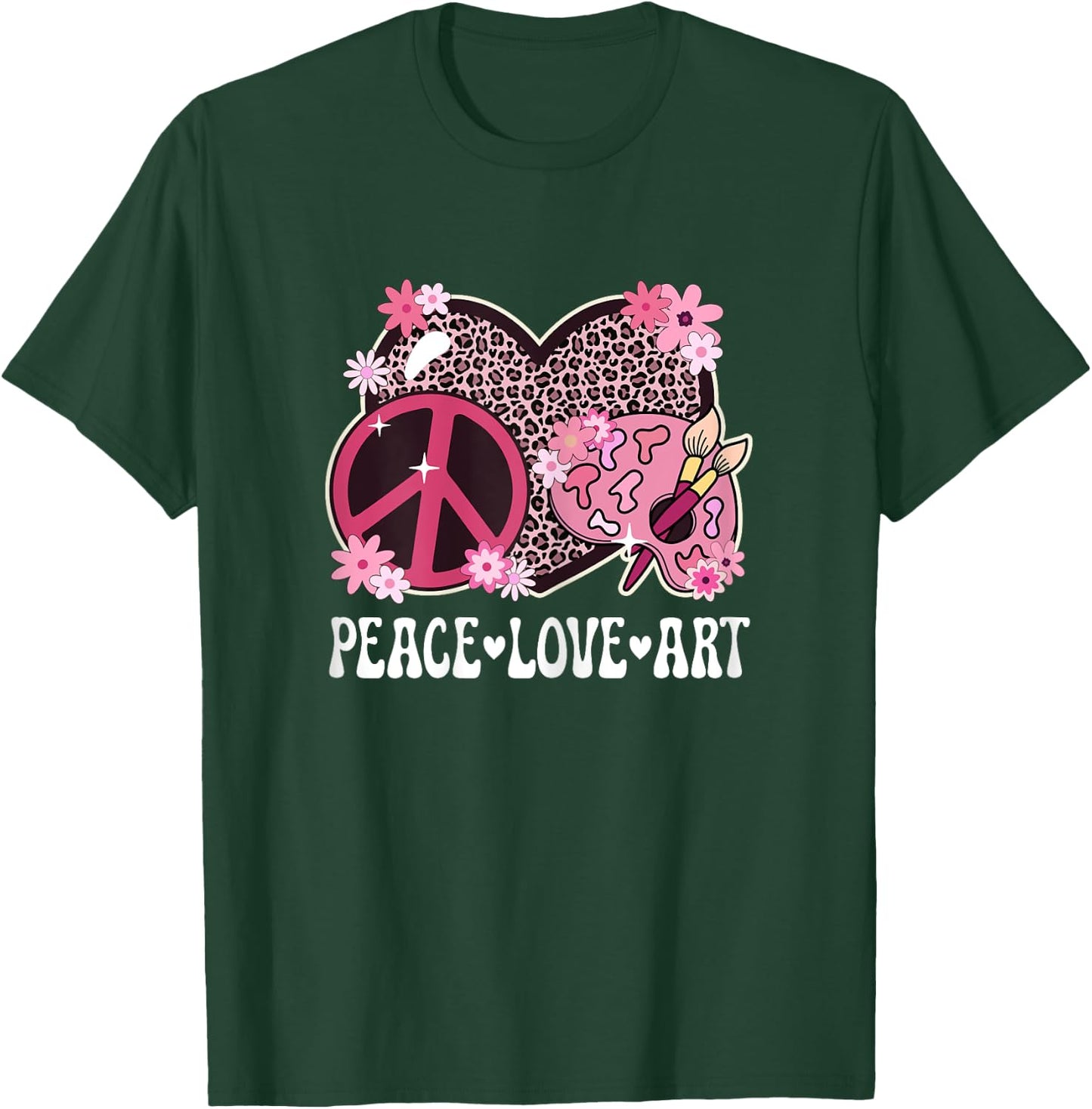 Peace Love Art Lover Artist Leopard Print Women Art Teacher T-Shirt - T-Shirt | Forest