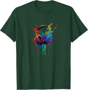 Music Headset Headphones Audiophile Paint Drip T-Shirt - T-Shirt | Forest