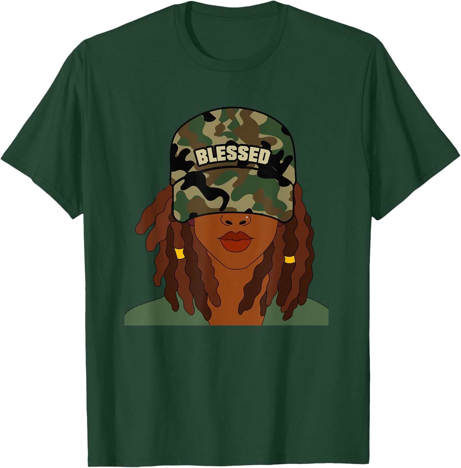 Blessed Camo Hat Locs Black Woman Christian T-Shirt - T-Shirt | Forest