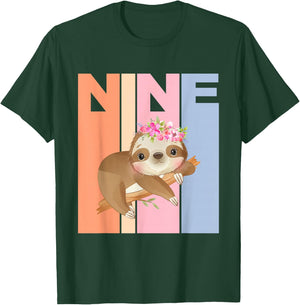 9 Years Old Cute Sloth Birthday Girl 9th Birthday Party T-Shirt - T-Shirt | Forest