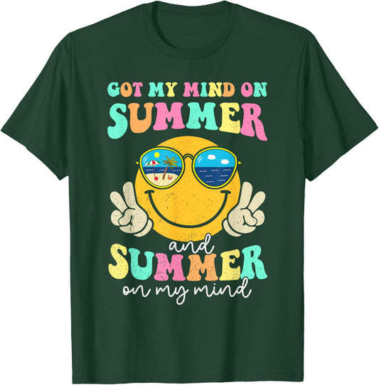 Groovy Happy Face Summer Vibes Got My Mind On Summer Teacher T-Shirt - T-Shirt | Forest