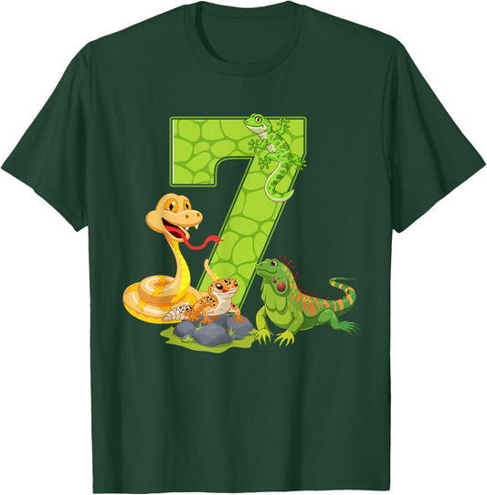 7th Birthday Snake Lizard Reptile 7 Year Old Birthday Party T-Shirt - T-Shirt | Forest