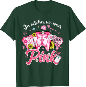 In October We Wear Pink Tooth Dental Butterfly Breast Cancer T-Shirt - T-Shirt | Forest