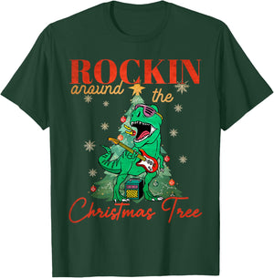Rocking Around The Christmas Tree T-rex Rock and Roll Guitar T-Shirt - T-Shirt | Forest