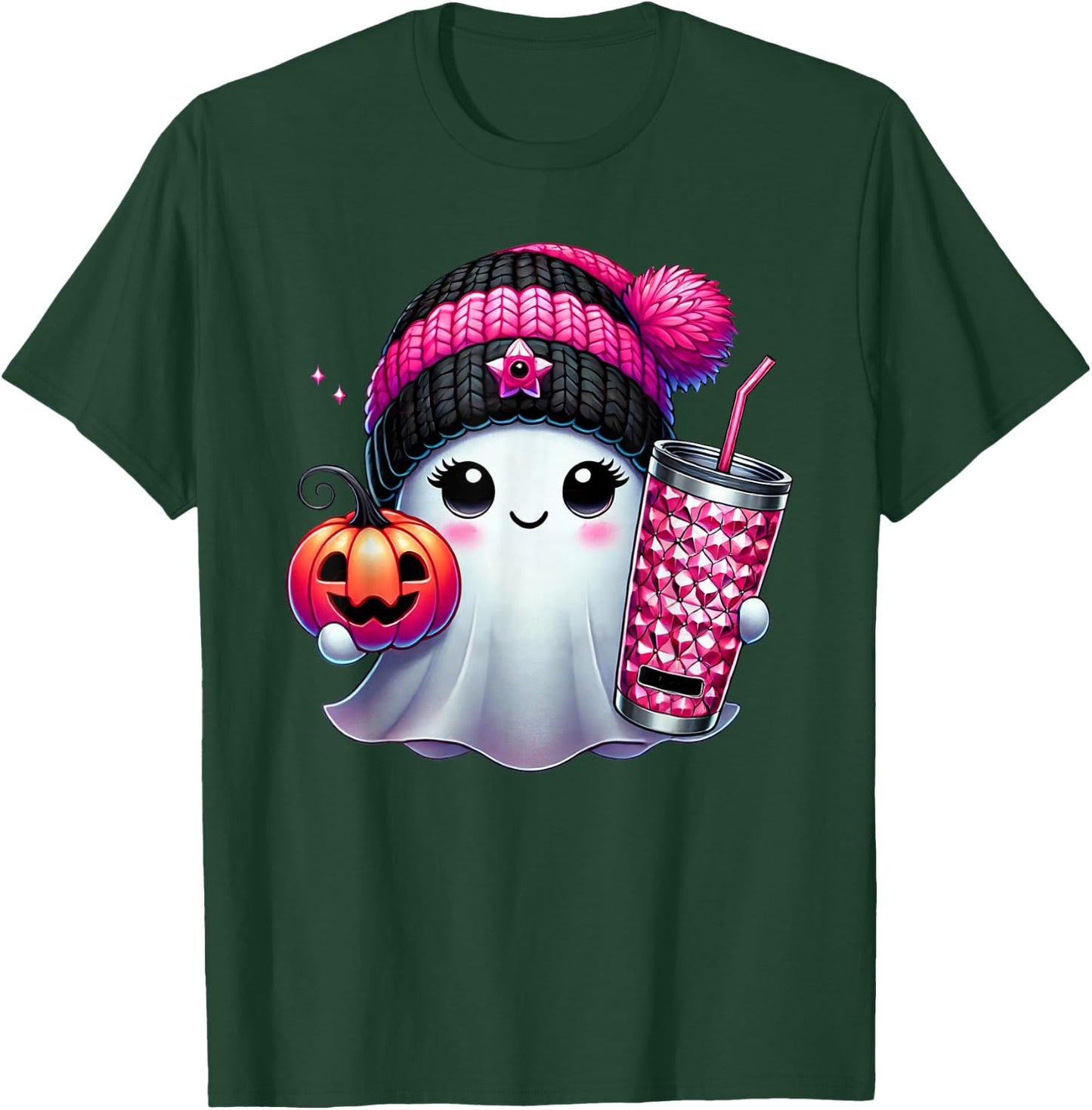Cute Ghost Drinking Coffee Halloween Ghost Ice Coffee T-Shirt - T-Shirt | Forest