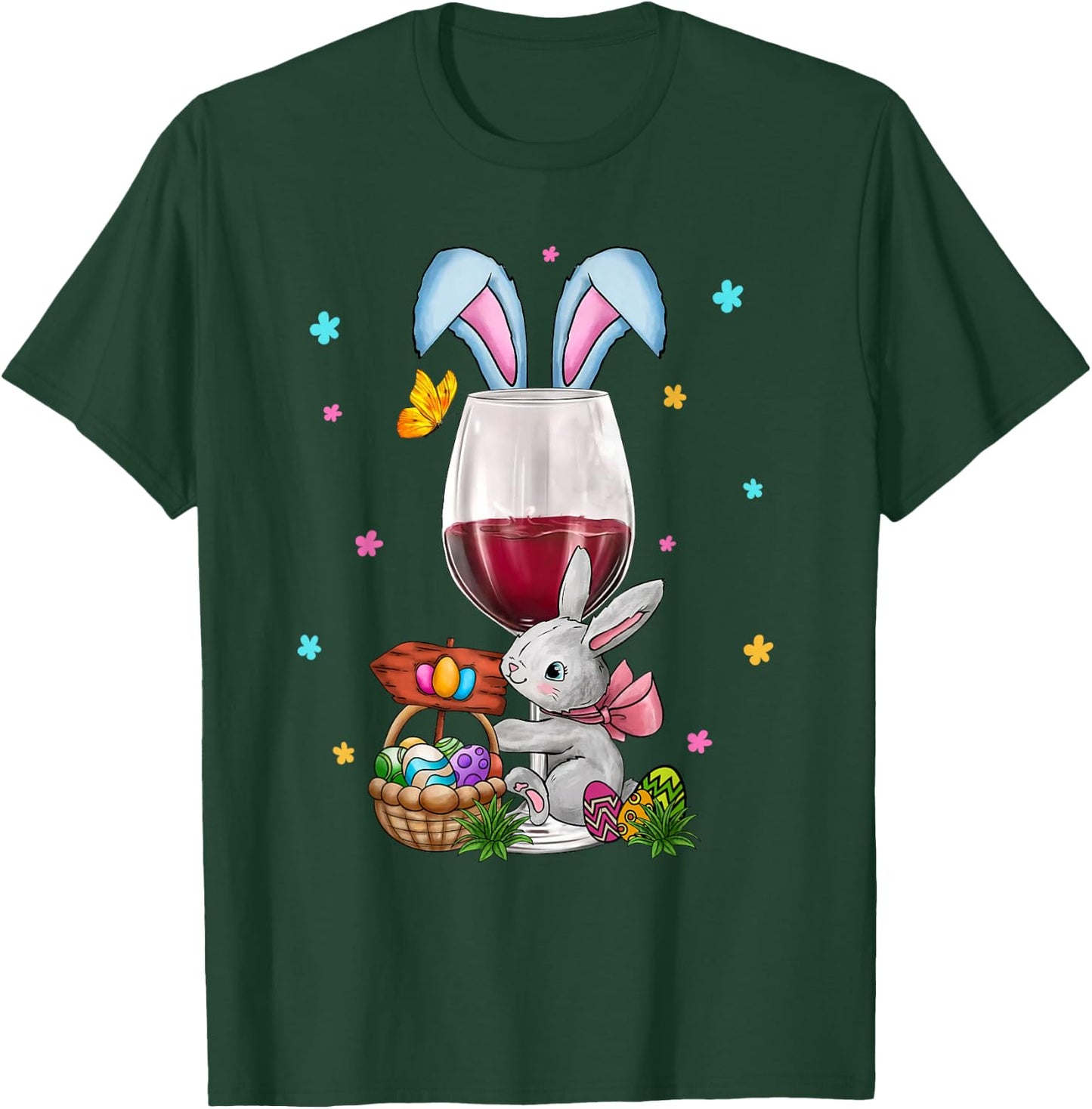 Cute Easter Wine Glasses Bunny Ears Drink Up Women Men T-Shirt - T-Shirt | Forest