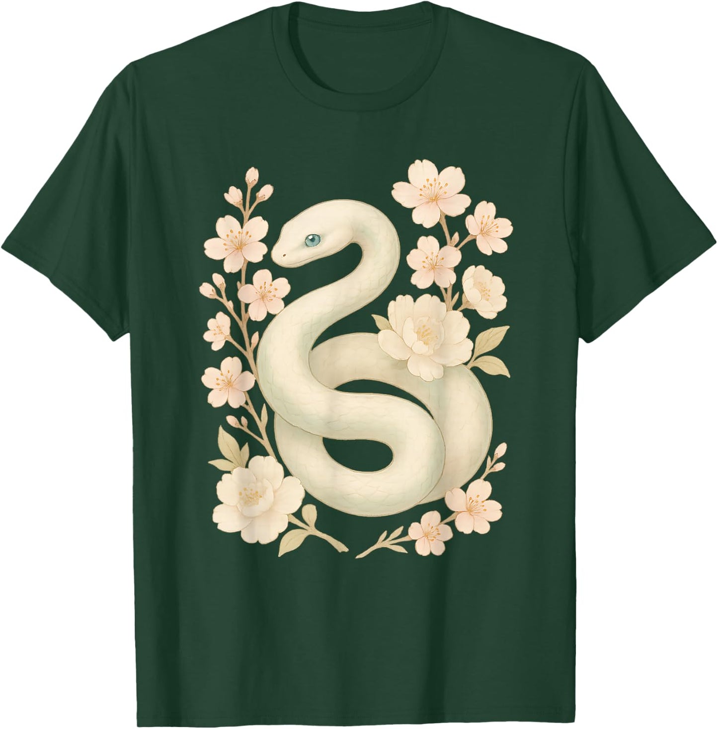 Elegant White Mint Snake with Peony Cherry Blossom Flowers T-Shirt - T-Shirt | Forest