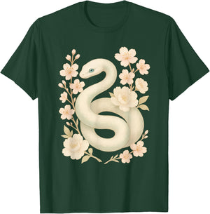 Elegant White Mint Snake with Peony Cherry Blossom Flowers T-Shirt - T-Shirt | Forest