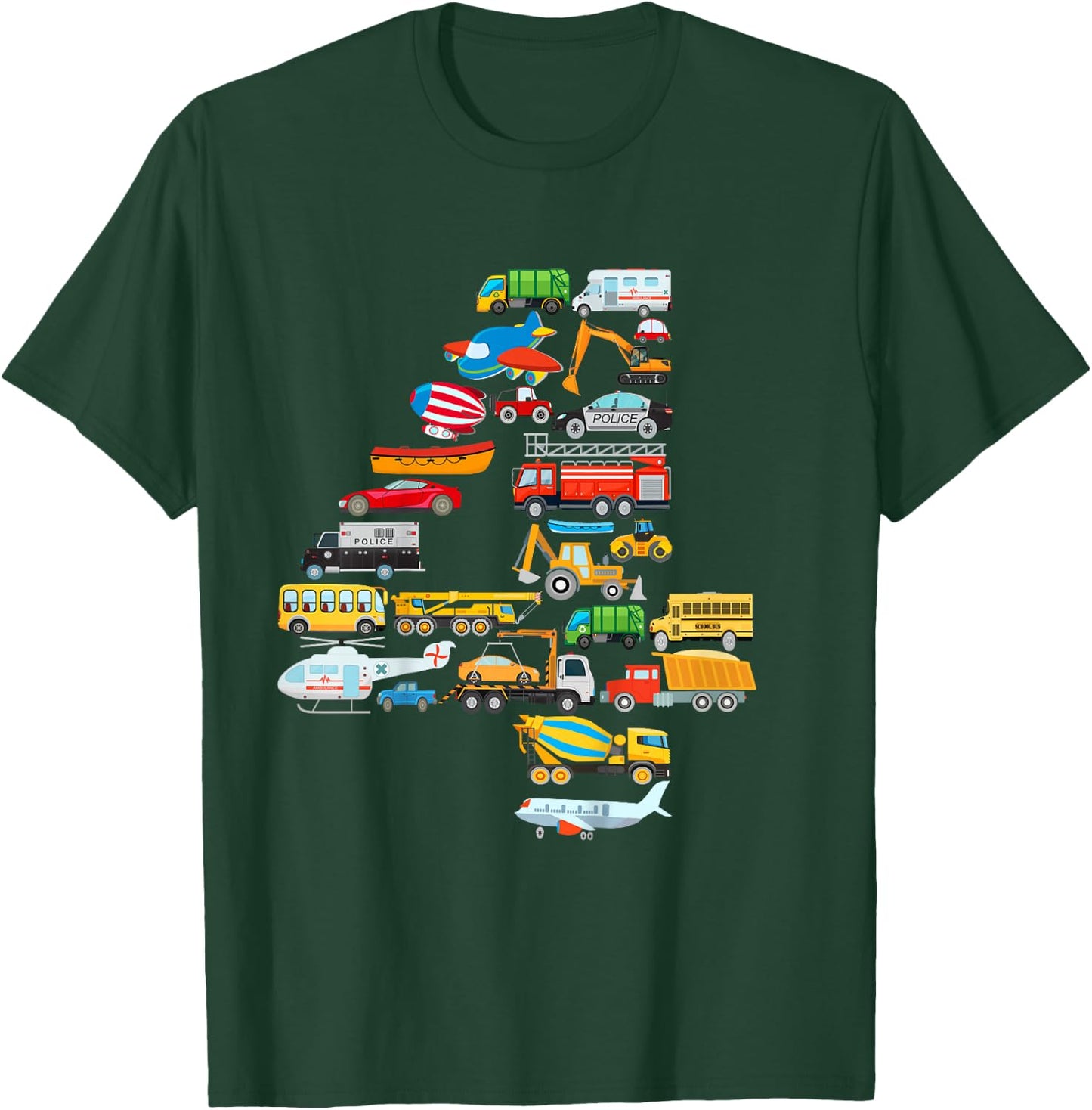 Kids 4th Birthday For Boys Cars Vehicles Fire Truck Airplane T-Shirt - T-Shirt | Forest