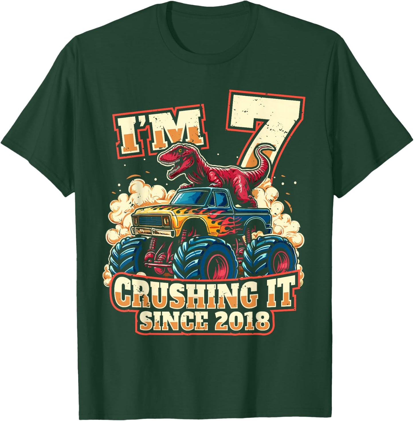 7 Year Old Boys 7th Birthday Dinosaur Monster Truck Party T-Shirt - T-Shirt | Forest