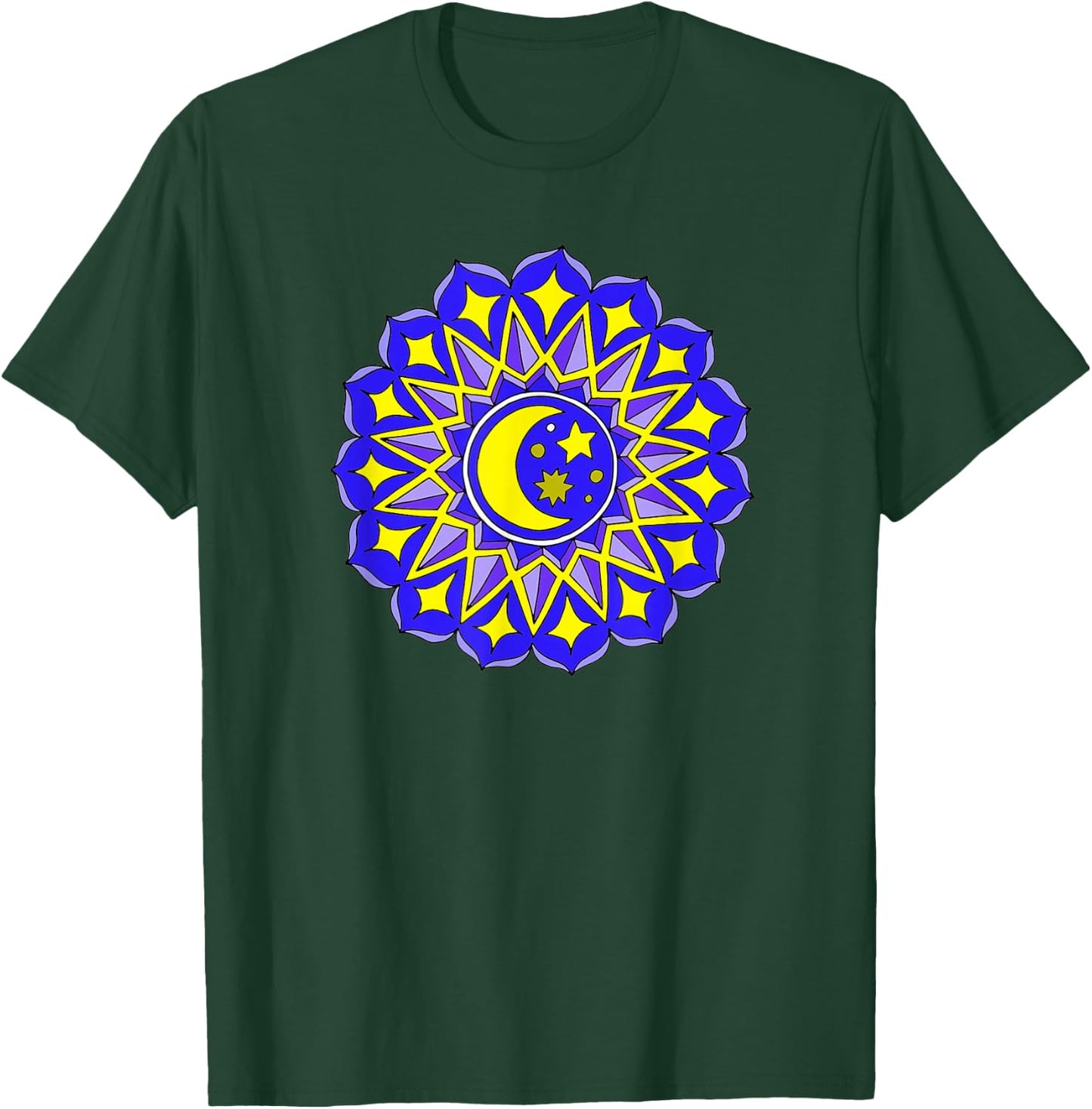 Mandala Moon Stars Blue Yellow Yoga Design Hindu Buddhist T-Shirt - T-Shirt | Forest