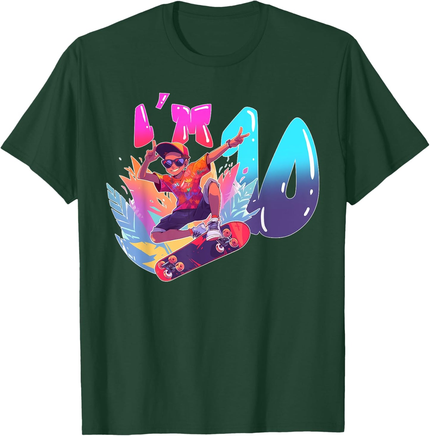 10th Birthday Party Skateboard Boy Ten Year Old Skater T-Shirt - T-Shirt | Forest