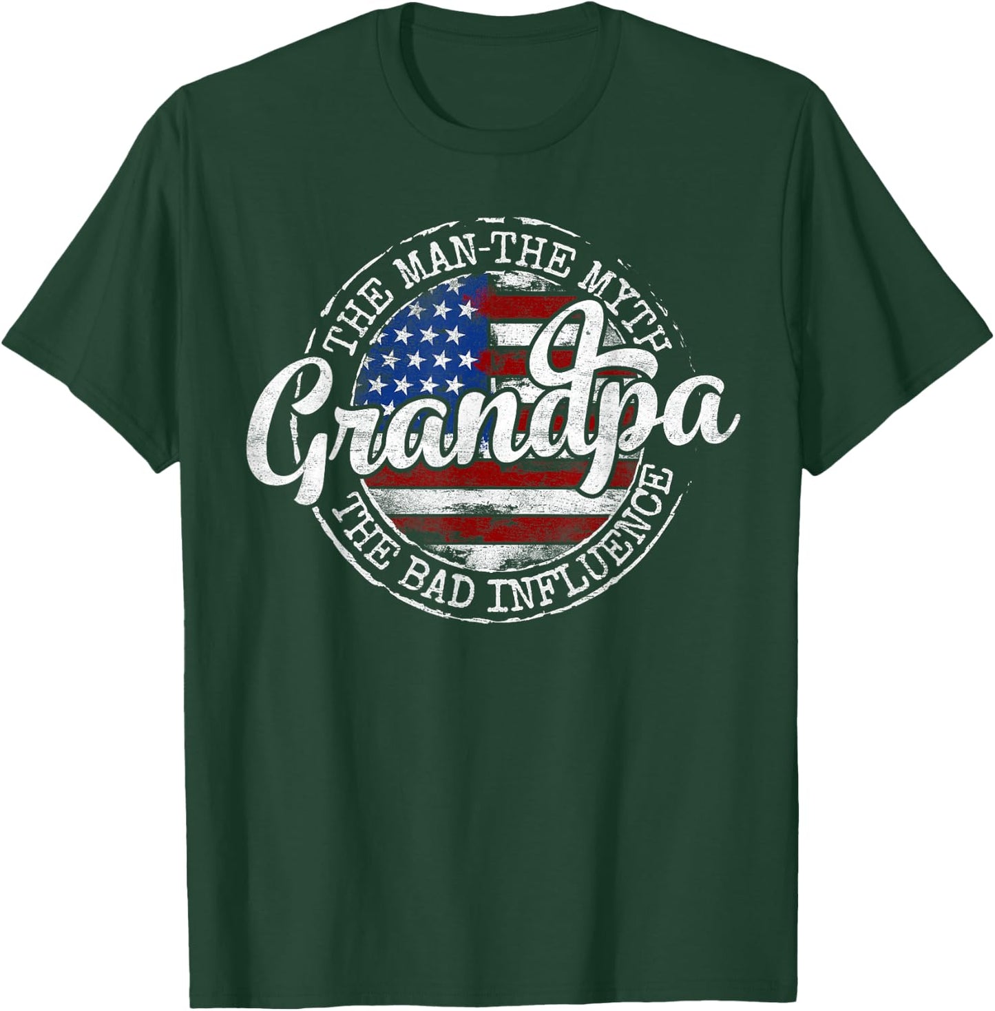 Grandpa Man Myth Bad Influence USA Flag Stamp Fathers Day T-Shirt - T-Shirt | Forest