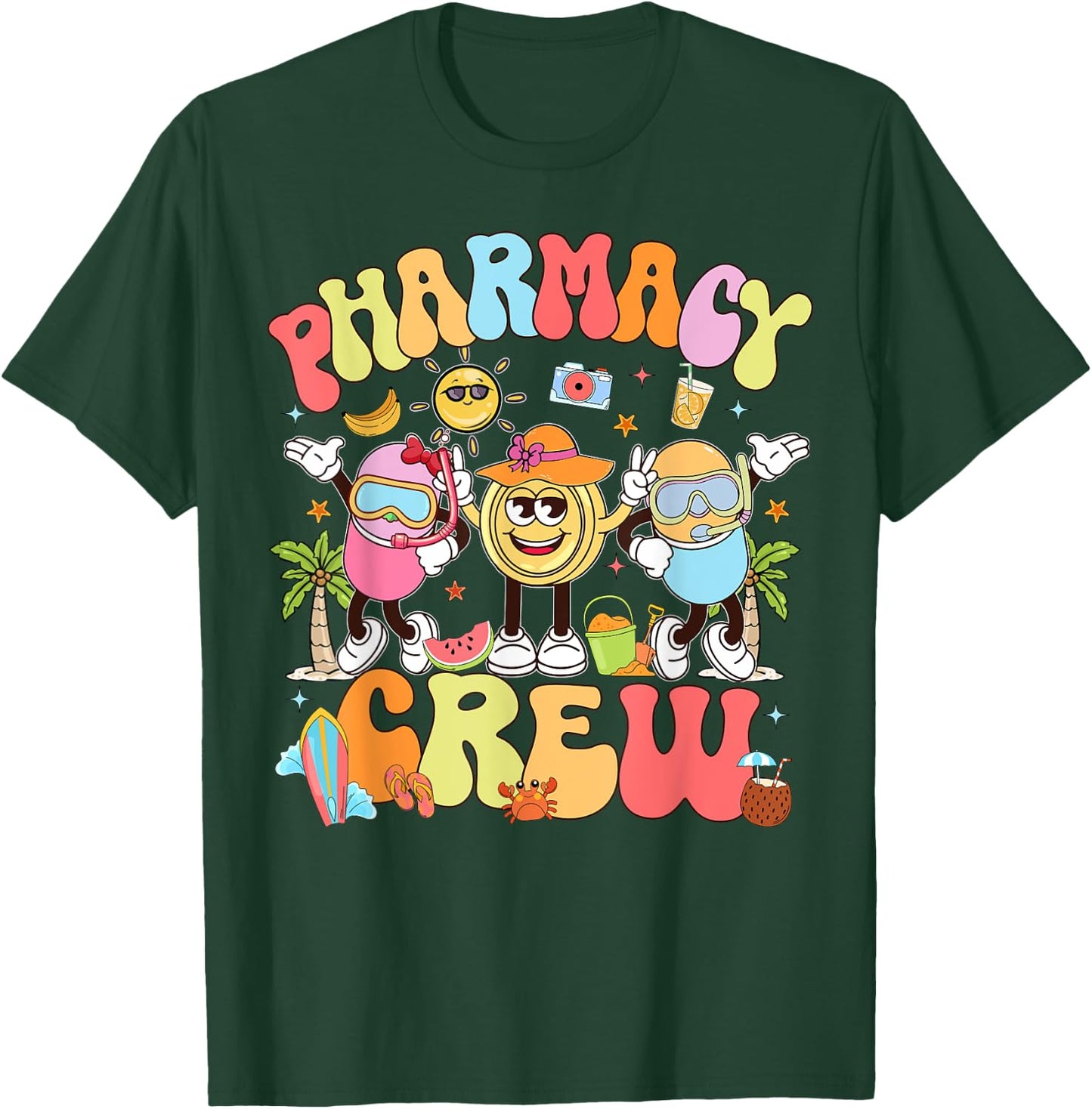 Retro Pharmacy Crew Summer Vacation Pharm Tech T-Shirt - T-Shirt | Forest