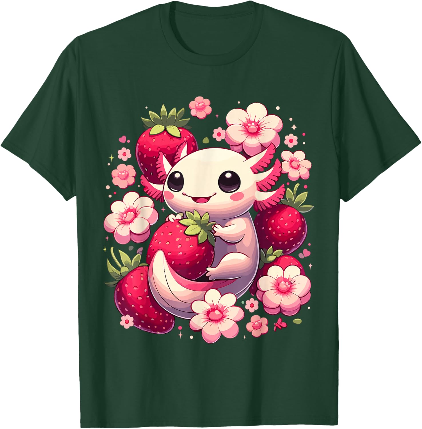Cute Axolotl Kawaii Anime Axolotl Strawberry , Black, S T-Shirt - T-Shirt | Forest