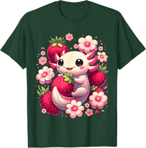 Cute Axolotl Kawaii Anime Axolotl Strawberry , Black, S T-Shirt - T-Shirt | Forest