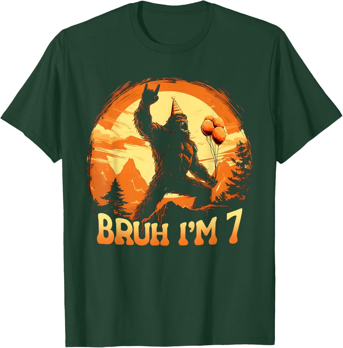 Bruh I'm 7 Funny Bigfoot Birthday Believer Movie Decorations T-Shirt - T-Shirt | Forest