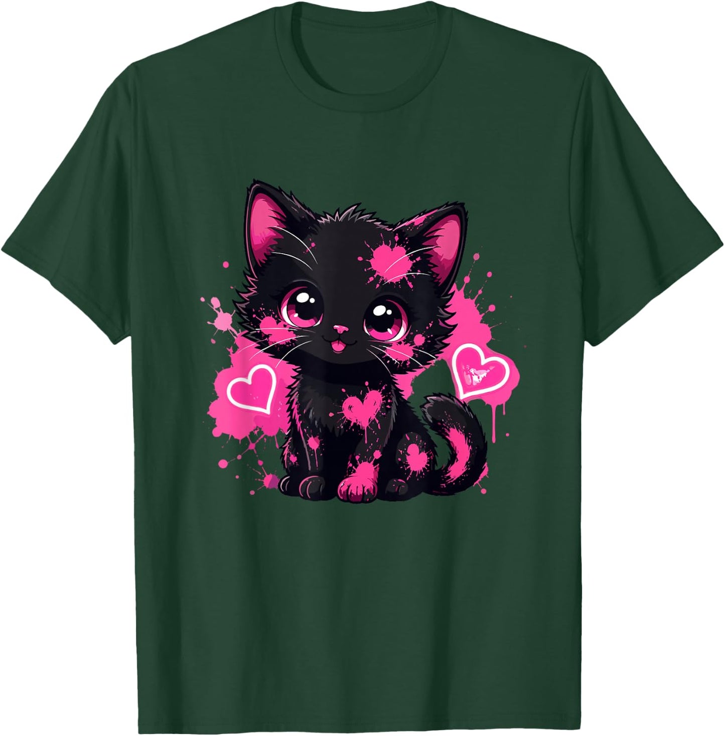 Kawaii Black Kitten Pink Paint Heart Lover T-Shirt - T-Shirt | Forest