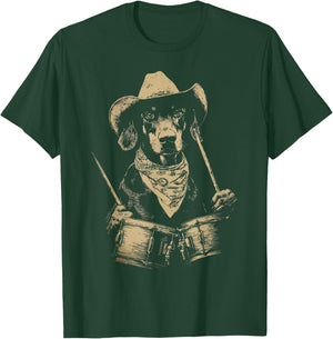 Cute Doberman Playing Drums Funny Cowboy Dog Western Drummer T-Shirt - T-Shirt | Forest