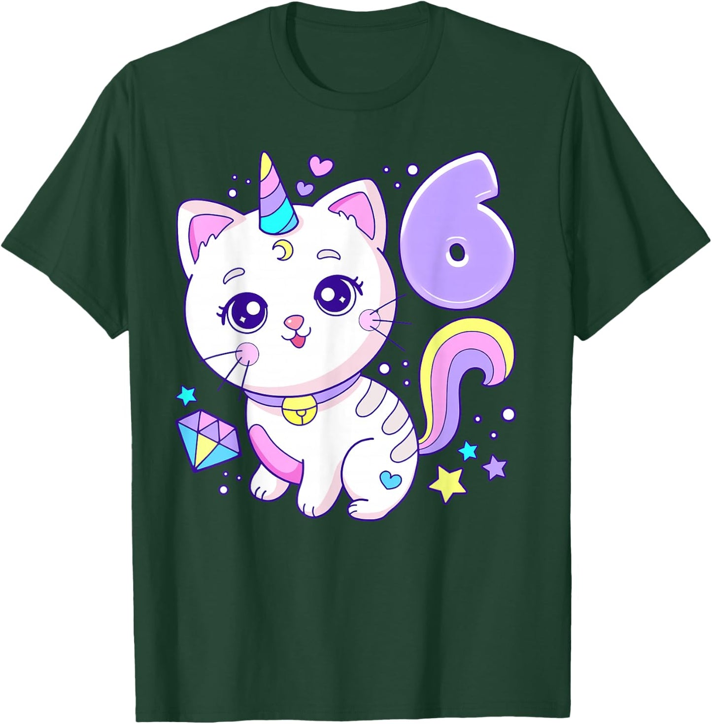 Geburtstag Mädchen 6 Jahre, Katze, Einhorn, 6. Geburtstag T-Shirt - T-Shirt | Forest