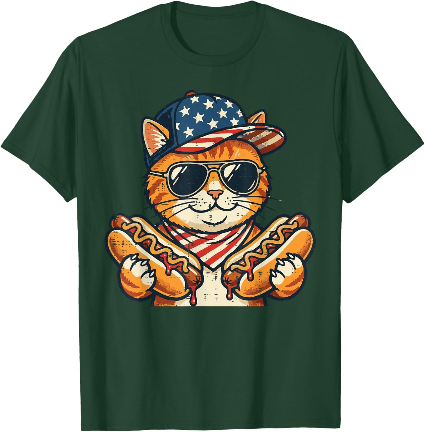 4th of July Cat Hotdog US Flag Cap Patriotic Men Women Kids T-Shirt - T-Shirt | Forest
