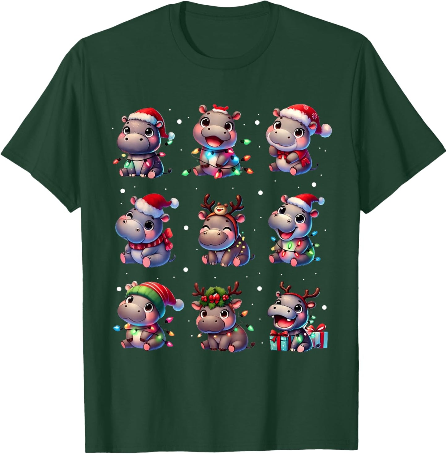 Cute Hippo in Christmas Lights Funny Xmas Gifts Kid Women PJ T-Shirt - T-Shirt | Forest