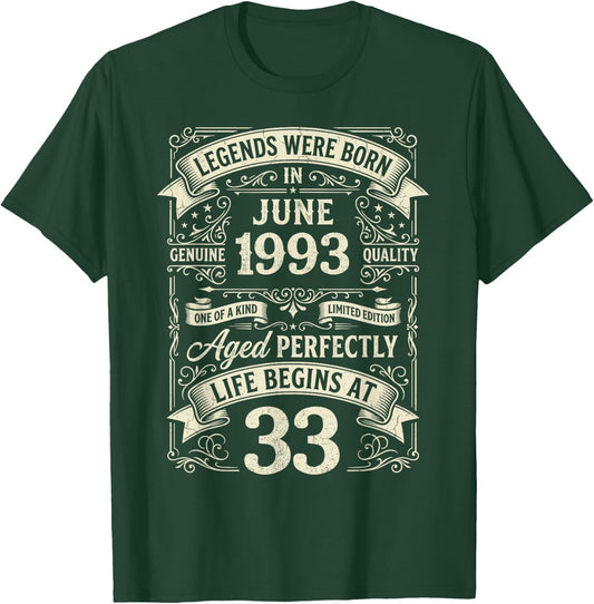 Vintage 33rd Birthday Legends Born in June 1993 T-Shirt - T-Shirt | Forest
