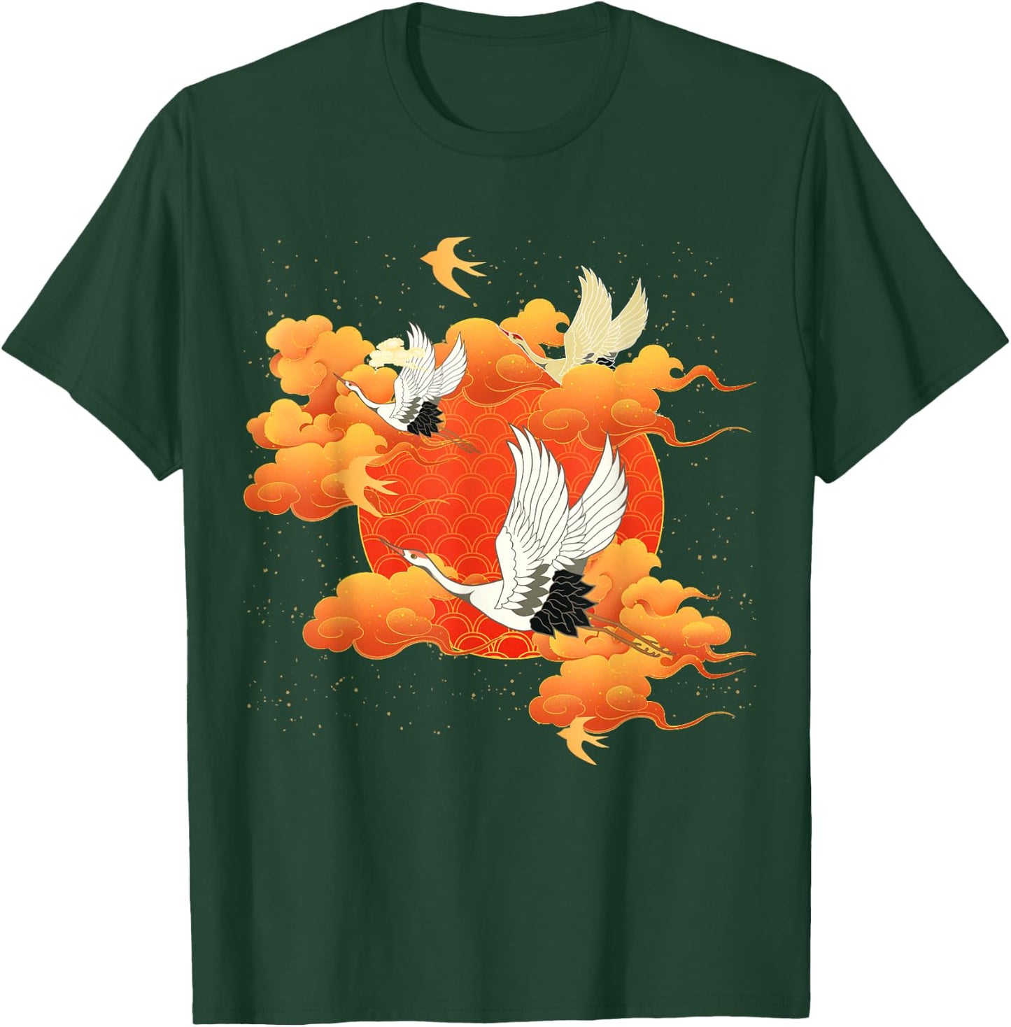 Flying Crane Bird Red Clouds and Sun Japanese Chinese Art T-Shirt - T-Shirt | Forest