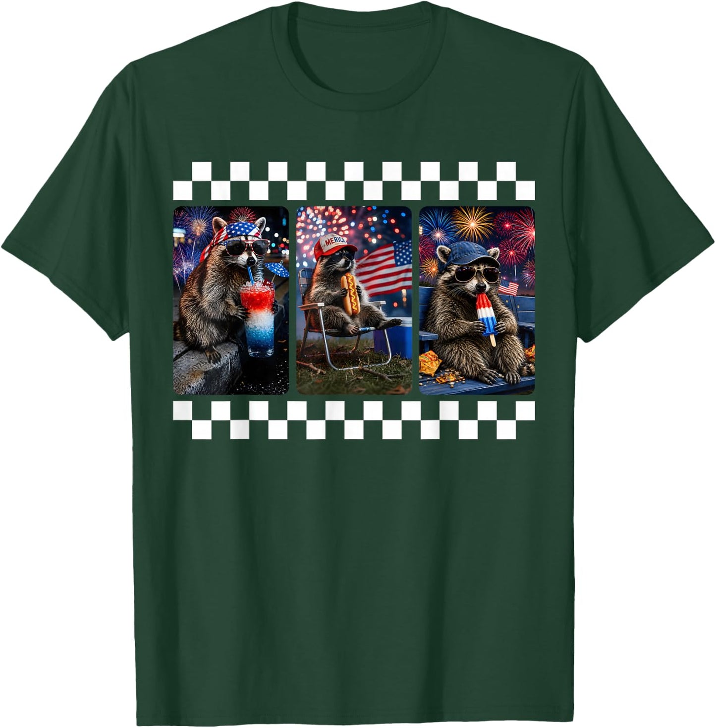 Funny Raccoon 4th of July Fireworks Patriotic USA Men Women T-Shirt - T-Shirt | Forest