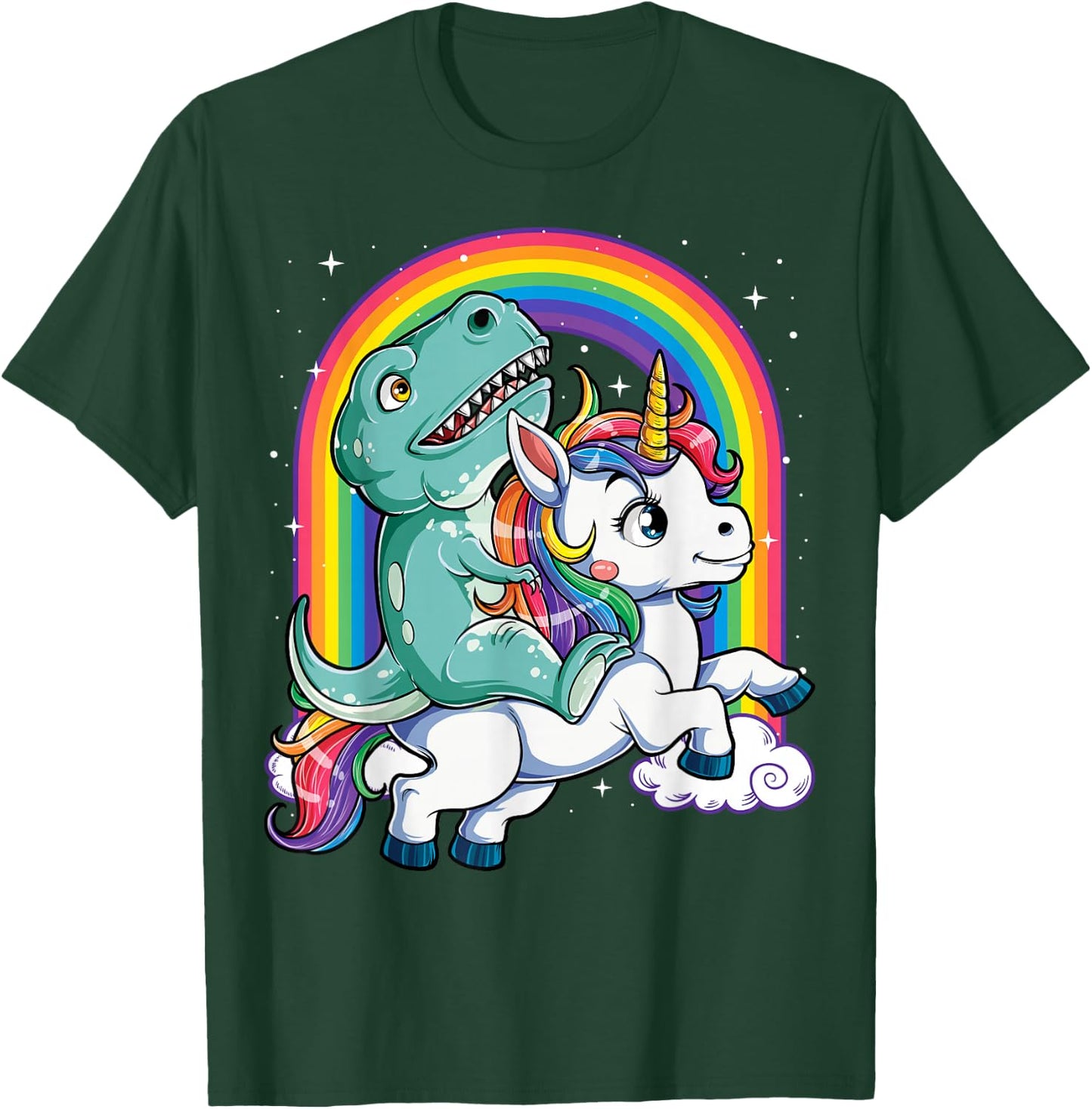 Dinosaur Riding Unicorn Funny T-rex Boys Men Rainbow Galaxy T-Shirt - T-Shirt | Forest