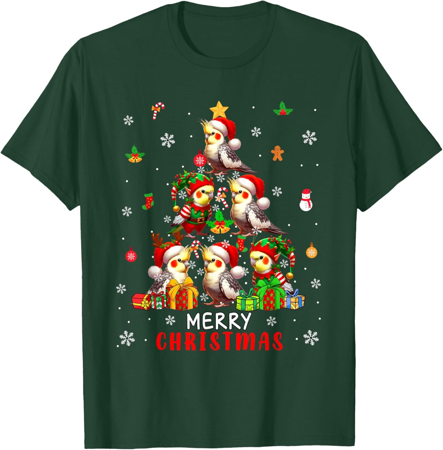 Merry Christmas Group Santa Elf Cockatiels As Xmas Tree Bird T-Shirt - T-Shirt | Forest