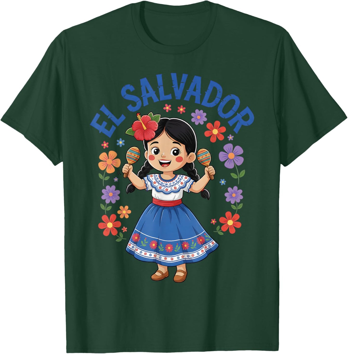 El Salvador Girl Maracas Traditional Dress Flowers T-Shirt - T-Shirt | Forest