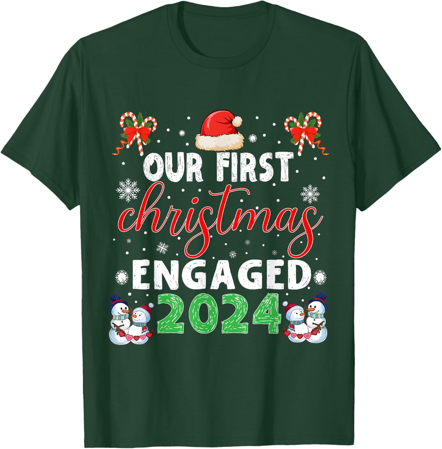 Christmas Couple Our First Christmas Engaged 2024 Funny Couple Xmas Pajamas T-Shirt - T-Shirt | Forest