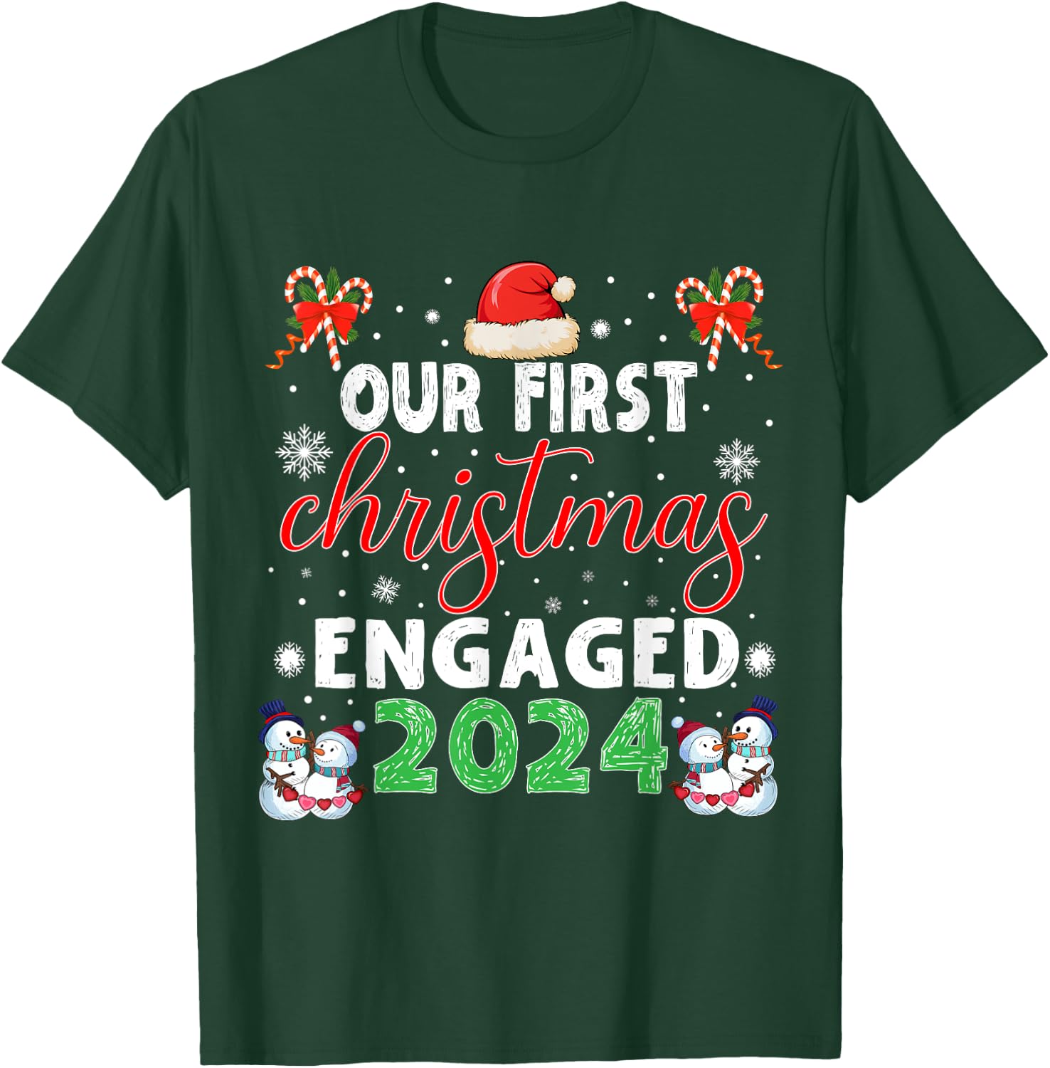 Christmas Couple Our First Christmas Engaged 2024 Funny Couple Xmas Pajamas T-Shirt - T-Shirt | Forest