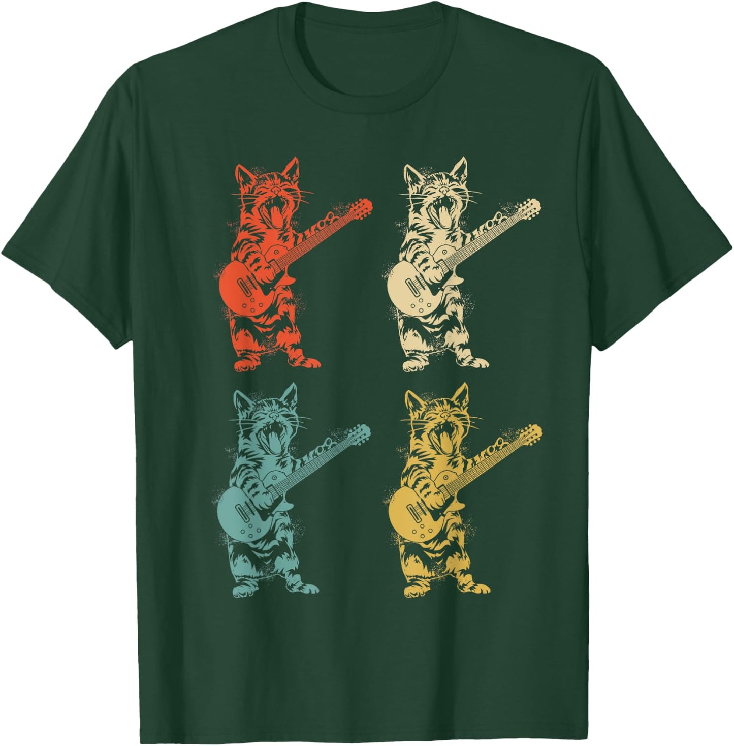 Retro Cat Rocker Kitty Plays Guitar Rockstar Guitarist , Black T-Shirt - T-Shirt | Forest