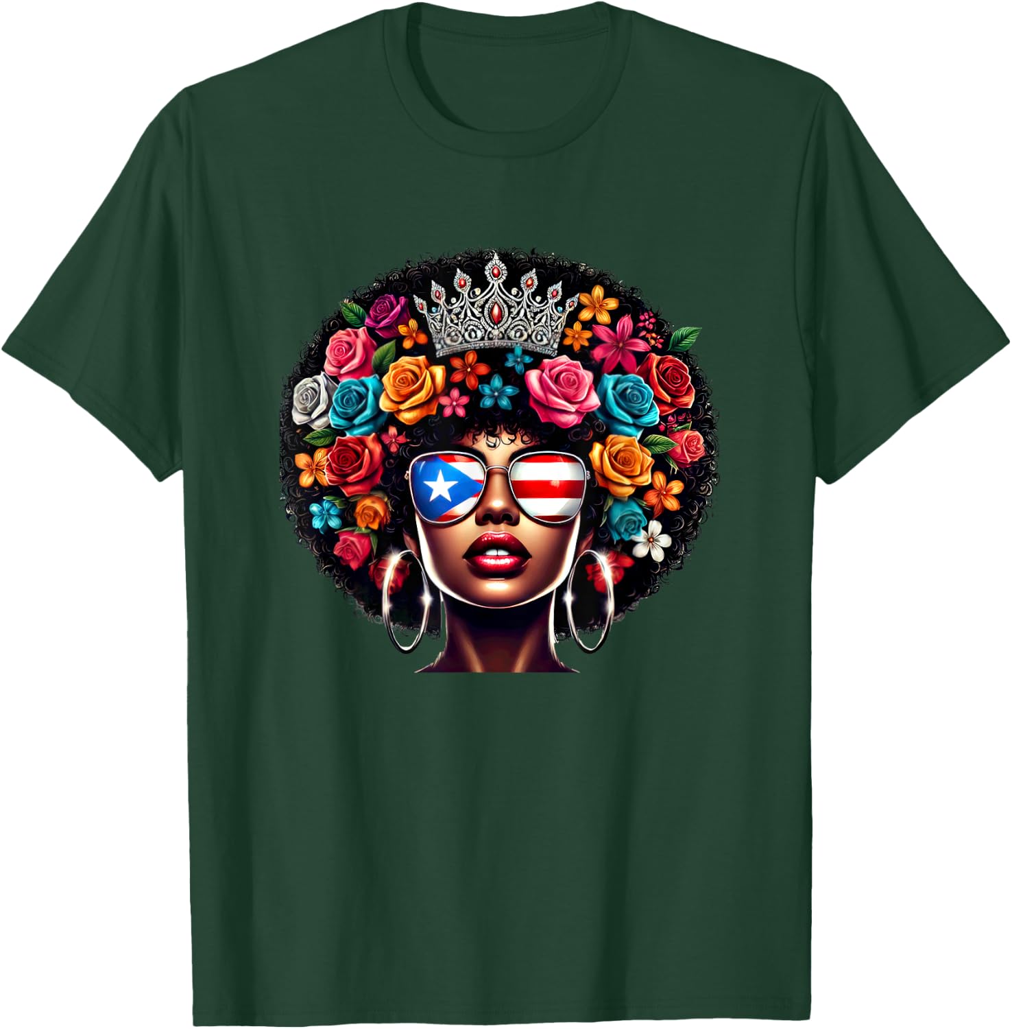 Afro Boricua Queen Crown Flowers Sunglasses Puerto Rico Flag T-Shirt - T-Shirt | Forest