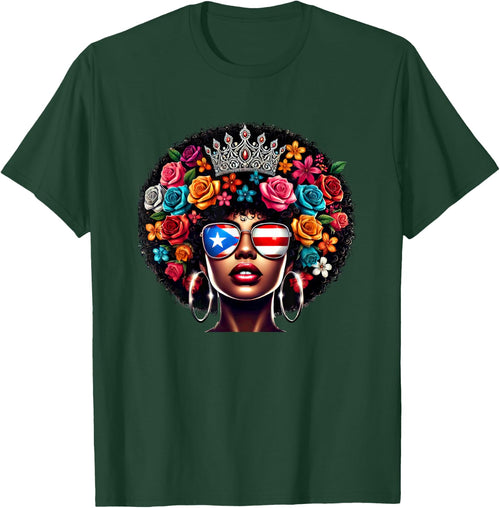 Afro Boricua Queen Crown Flowers Sunglasses Puerto Rico Flag