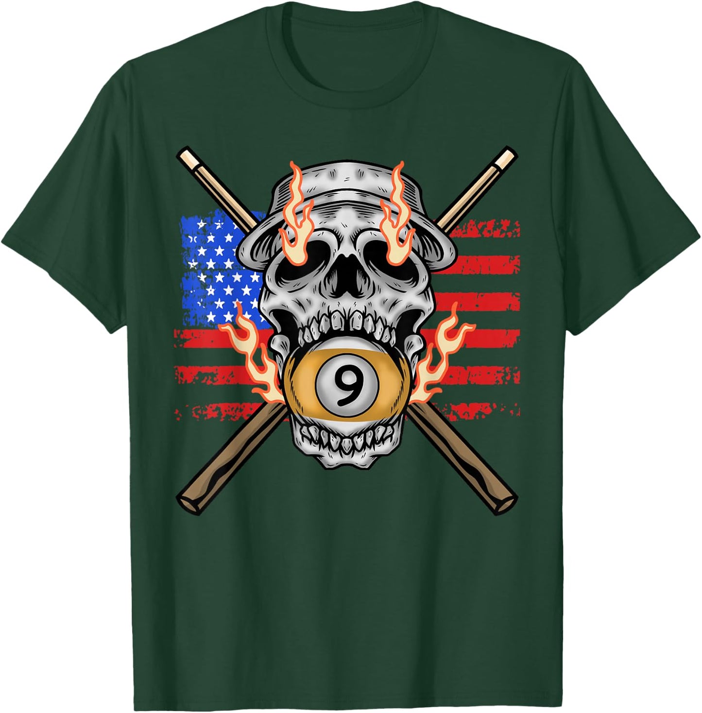 9 Ball Billiard Pool Player American Flag Skull Billiards T-Shirt - T-Shirt | Forest