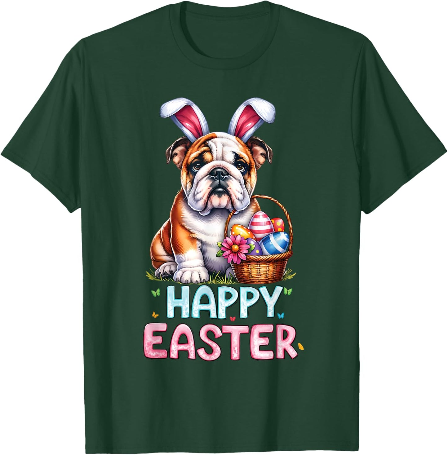 Happy Easter Day English Bulldog Cute Easter Bunny Women Kid T-Shirt - T-Shirt | Forest