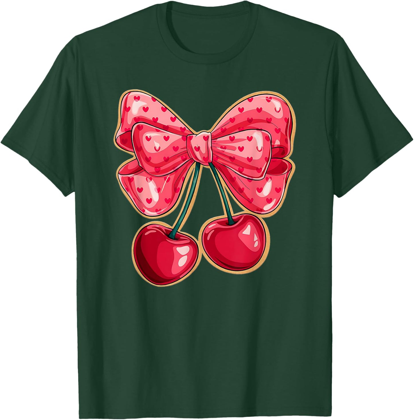 Cute Coquette Bows with Cherries and Hearts Aesthetic Bow T-Shirt - T-Shirt | Forest