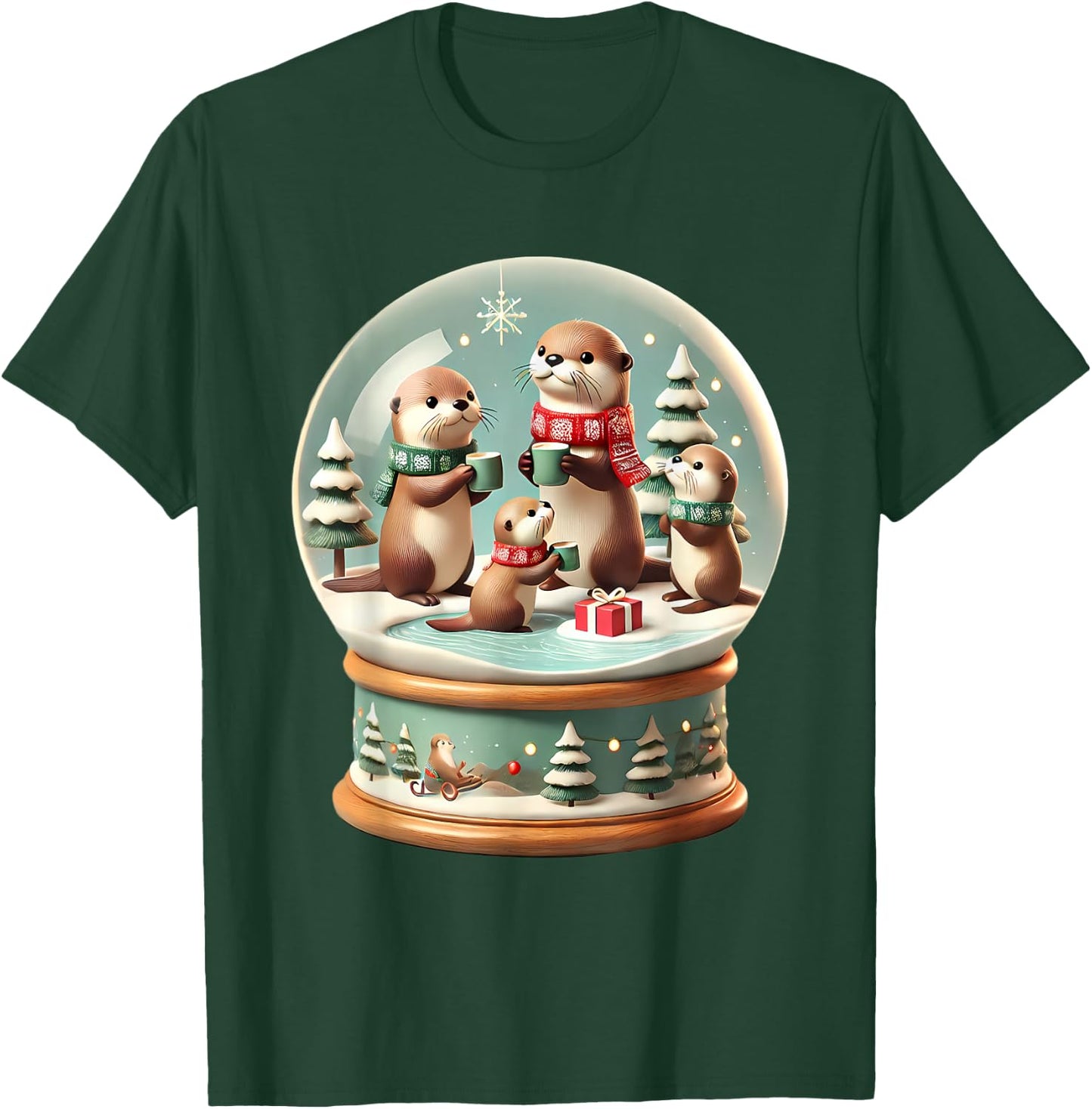Christmas Otter Snow Globe Scene Family Holiday Xmas T-Shirt - T-Shirt | Forest