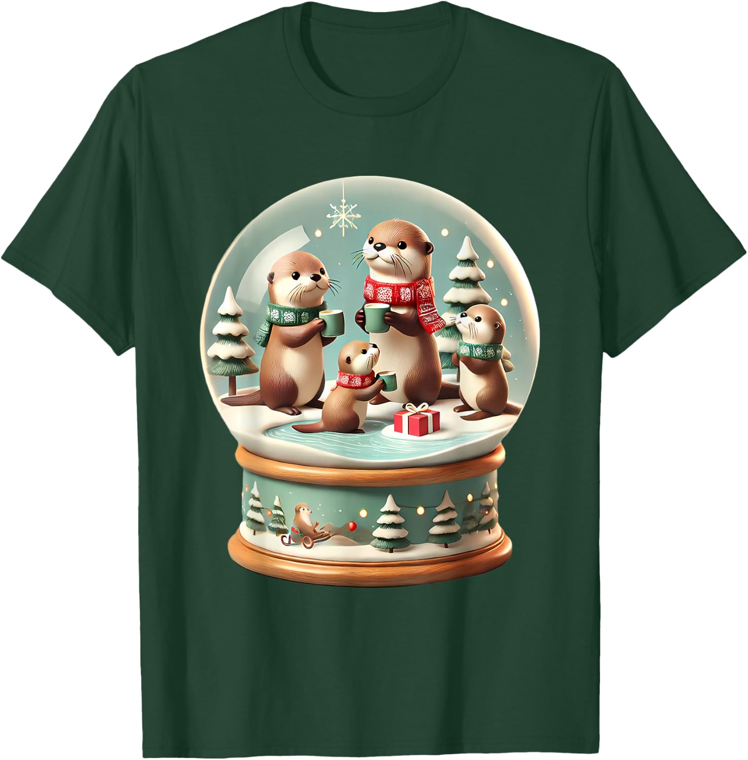 Christmas Otter Snow Globe Scene Family Holiday Xmas T-Shirt - T-Shirt | Forest