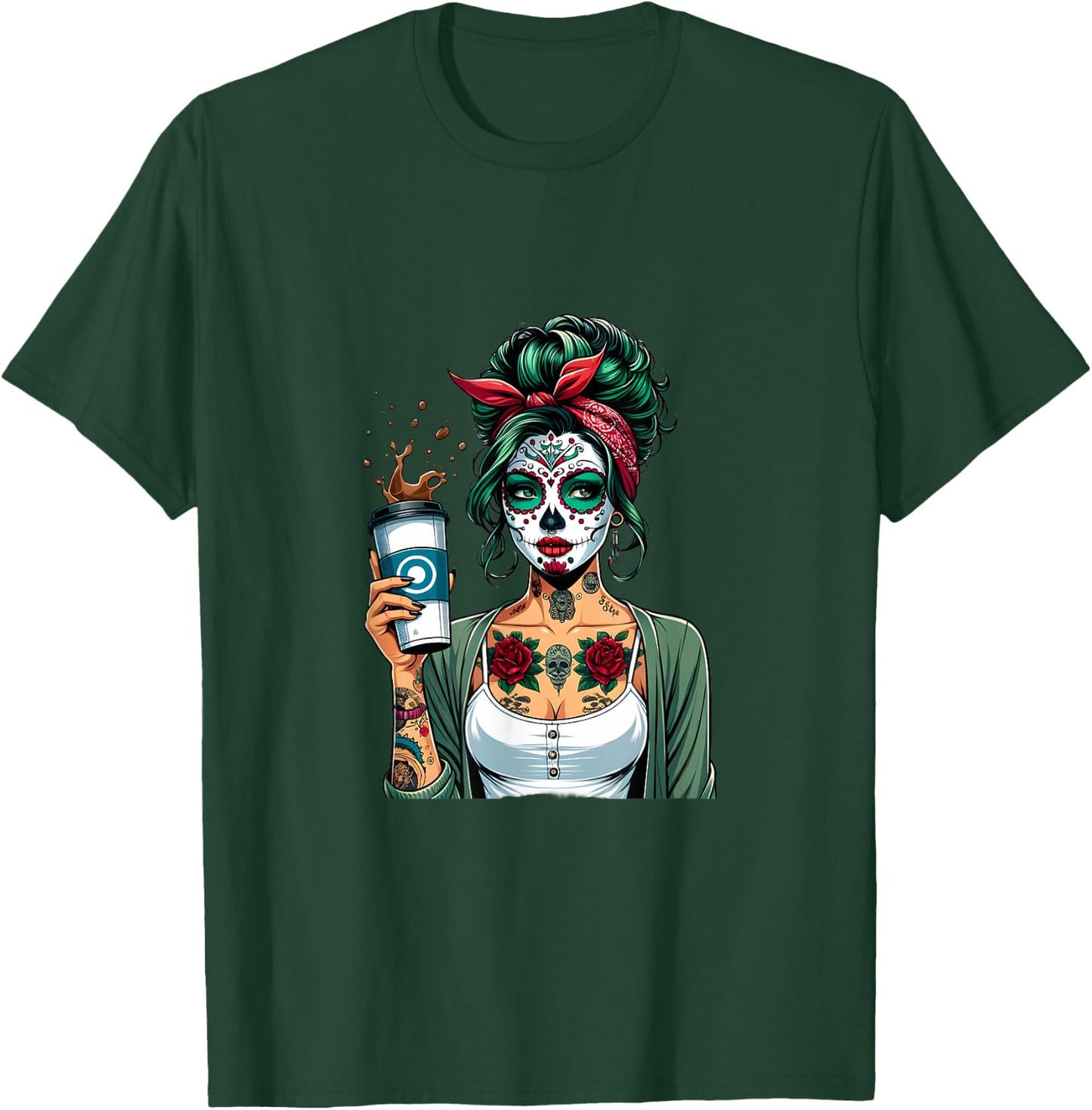 Retro Woman Diva Coffee Skull Make-Up Vintage Pin-Up T-Shirt - T-Shirt | Forest